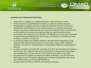 Supuestos para el Sistema de Cercas Vivas. 
• Cada 5 años, se realizará un a resiembra del pasto, comenzando por el año 0. 
• Antes de comenzar los perídodos de resiembra, se utilizará corrector de suelos. 
• Para gaantizar la calidad y cantidad constante de producción de leche, cada año se 
implementan la fertilización con urea y abono químico y se realizarán procesos de 
aireación de suelos y establecimiento de un banco de proteinas (5 hcas en producción). 
La alimentación de las vacas será complementada con sales minerales y melaza. 
• Se comprarán 30 novillas de un año de edad, a $2.500.000.oo c/u., las cuales producirán 
25 litros de leche promedio/diarios. Así las cosas, se contará con 70 novillas sumando 
las 40 que se pantea en el ejercicio. 
• Se realizarán procesos de cuidados sanitarios y de salud animal: Hipoclorito al 2.5%, 
Jabón de Yodo, Sellador para los pezones, Vacuna aftosa, Vacuna triple, Antibiótico 
sistémico, Anti diarreico, Antiinflamatorios, Antiparasitario Sistémicos y Antiparasitario 
Externos. 
• Se espera aumentar una producción promedio de 20 litros de leche diarios en el año 8 y 
duraría cinco años, luego por saturación se presentaría un decrecimiento hasta lograr 
una estabilización en un promedio de 16 litros diarios en los últimos cinco años. 
• Se construirán tres establos con equipos de ordeño automático, uno cada cinco años 
distribuidos en las 127 hectáreas utilizadas para la producción ganadera, cada uno de 
estos establos tiene un costo de $100’000.000.oo. 
• Se espera pasar del 70% a un 90% de comercialización de leche. 
 