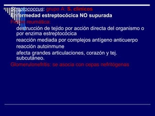 Streptococcus :   grupo A:  S. clínicos Enfermedad estreptocócica NO supurada Fiebre reumática:   destrucción de tejido por acción directa del organismo o por enzima estreptocócica reacción mediada por complejos antígeno anticuerpo reacción autoinmune afecta grandes articulaciones, corazón y tej. subcutáneo. Glomerulonefritis: se asocia con cepas nefritógenas 