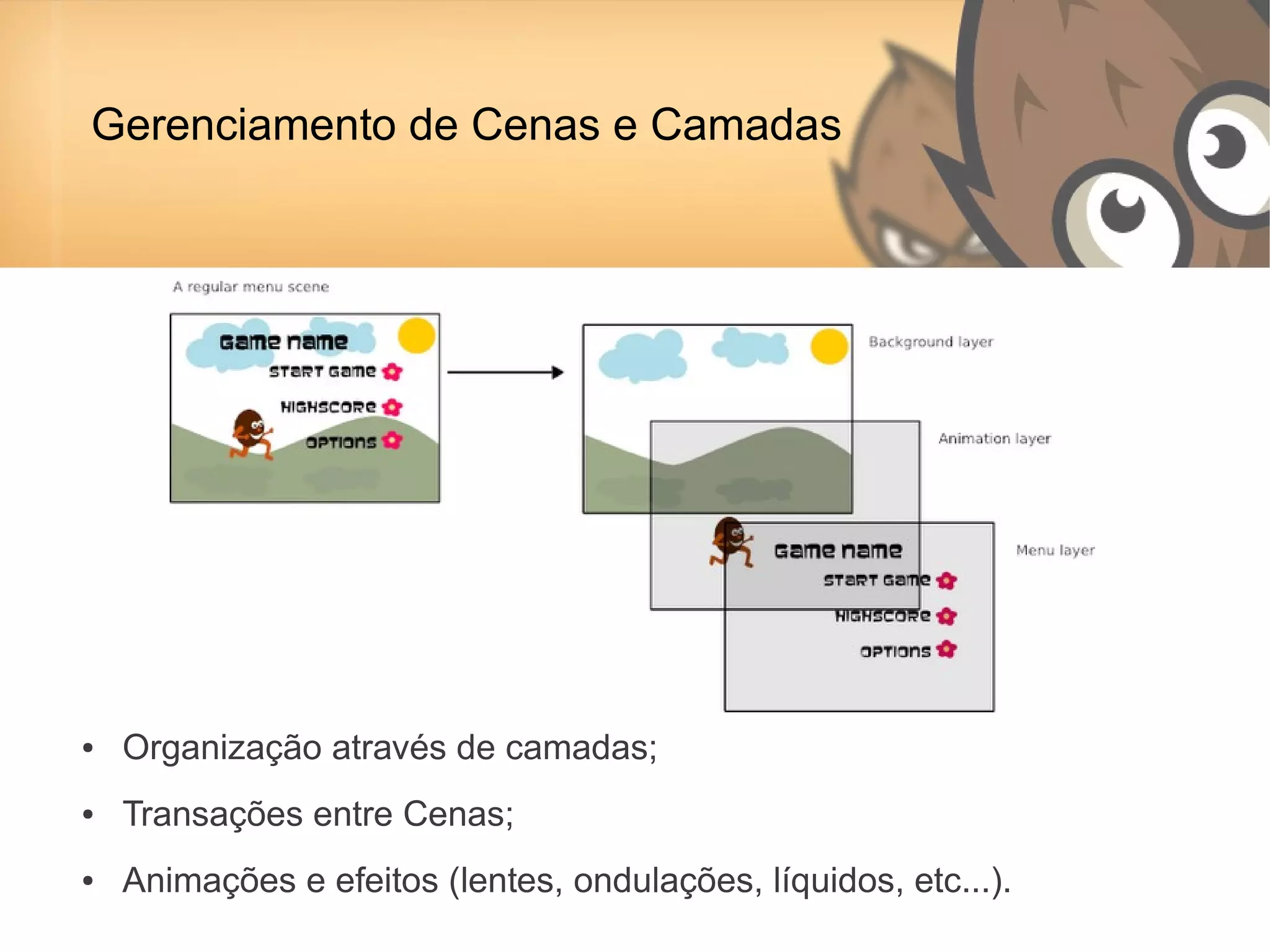 Gerenciamento de Cenas e Camadas




●   Organização através de camadas;
●   Transações entre Cenas;
●   Animações e efeitos (lentes, ondulações, líquidos, etc...).
 
