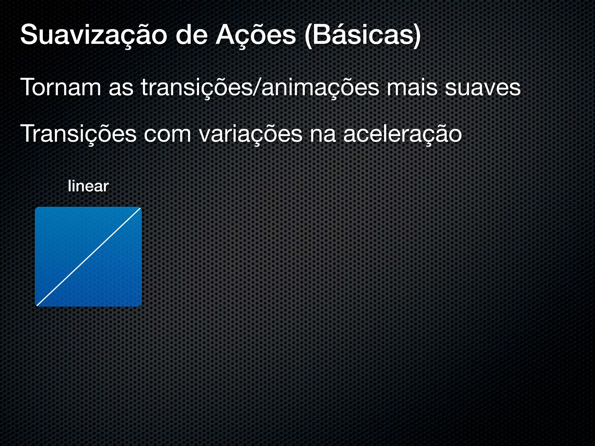 Suavização de Ações (Básicas)
Tornam as transições/animações mais suaves
Transições com variações na aceleração

    linear
 