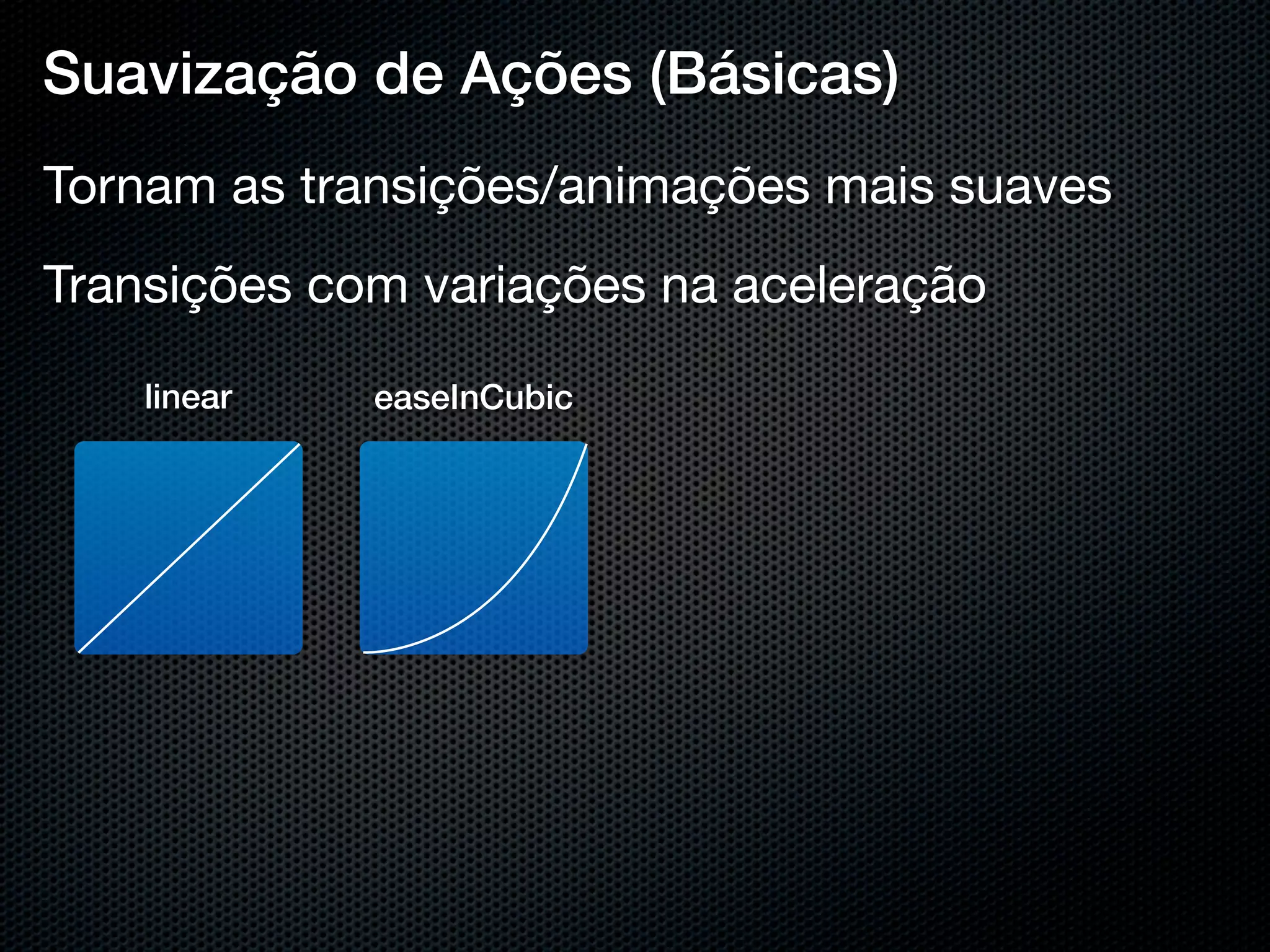Suavização de Ações (Básicas)
Tornam as transições/animações mais suaves
Transições com variações na aceleração

    linear   easeInCubic
 