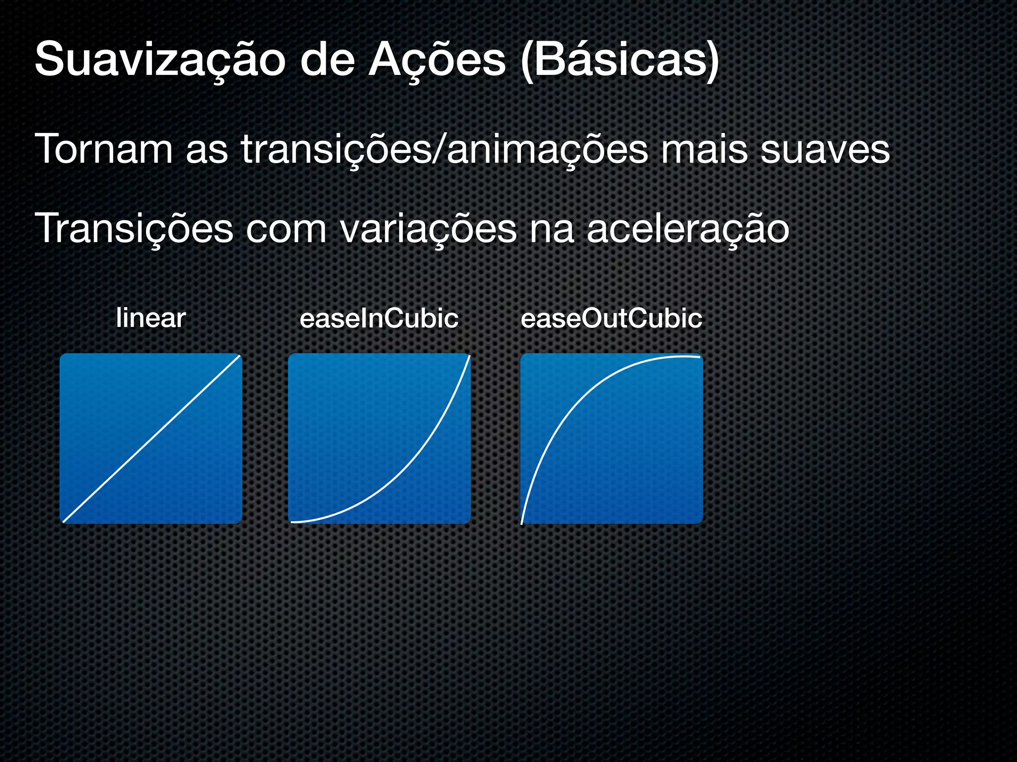 Suavização de Ações (Básicas)
Tornam as transições/animações mais suaves
Transições com variações na aceleração

    linear   easeInCubic   easeOutCubic
 