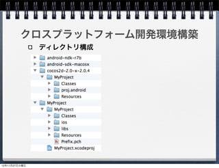 クロスプラットフォーム開発環境構築

 Android向けプロジェクトの作成
  Eclipseでプロジェクトを開く

    File > New > Project...
    Android Project from Existing Code
    MyProject/MyProject/proj.android選択

    * もしエラーがある場合は、
      JDK Compiler > 1.6 になっているかチェック


                                         33
 