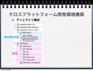 リソースファイルの追加

Resourcesディレクトリにファイル追加
する
Xcode上でプロジェクトにファイルを追
加する
build_native.shを実行する
(シェルでassetsにコピーされる)
                         35
 