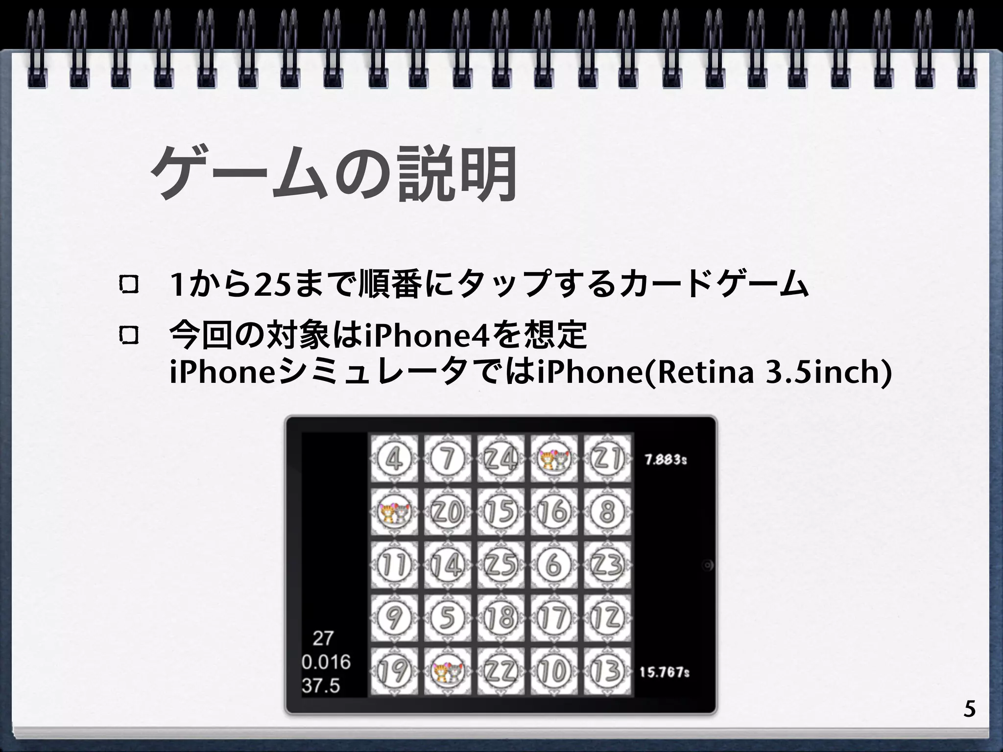 ゲームの説明
1から25まで順番にタップするカードゲーム
今回の対象はiPhone4を想定
iPhoneシミュレータではiPhone(Retina 3.5inch)




                                       5
 