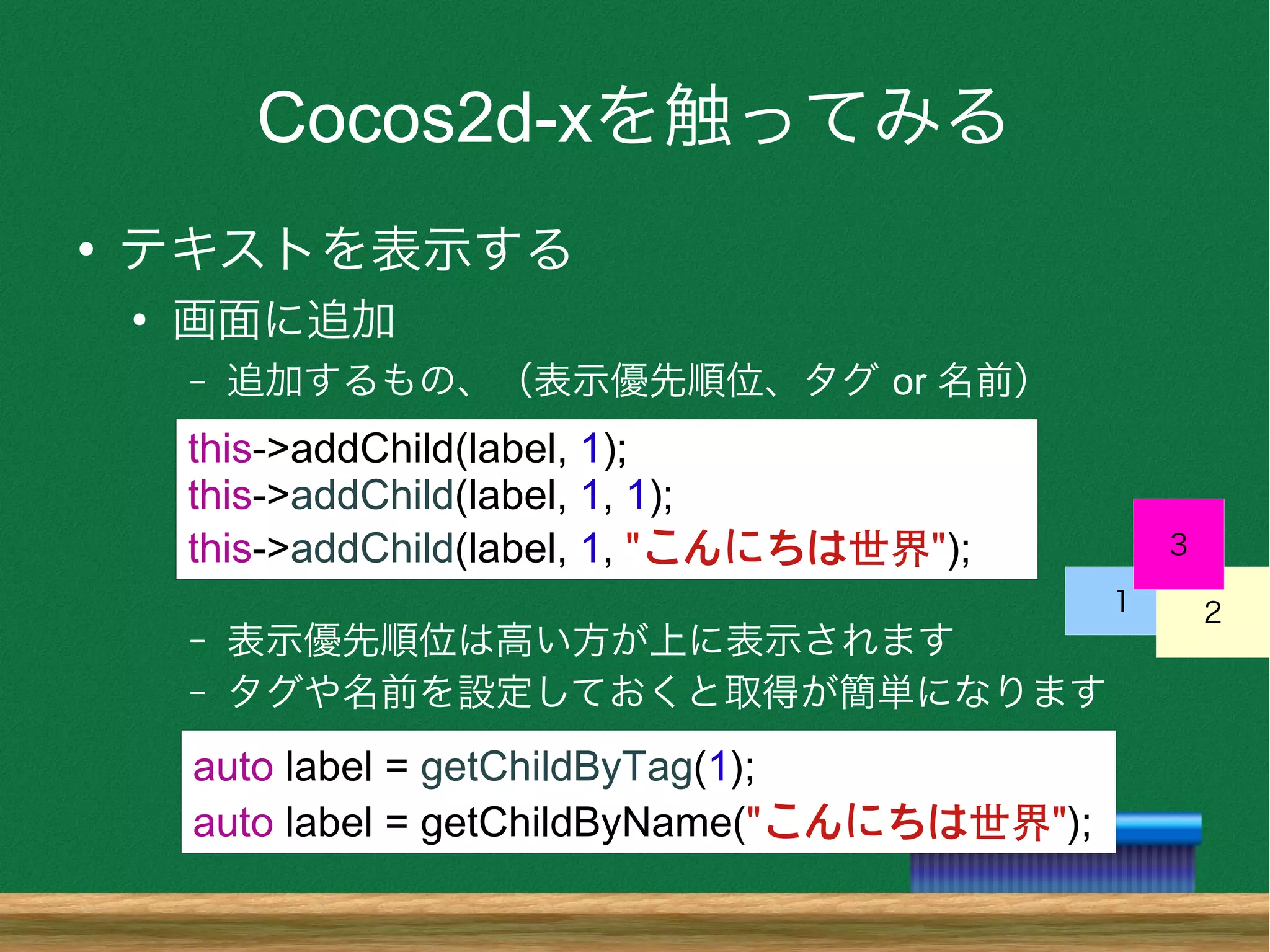 Cocos2d-xを触ってみる
●
テキストを表示する
●
画面に追加
– 追加するもの、（表示優先順位、タグ or 名前）
– 表示優先順位は高い方が上に表示されます
– タグや名前を設定しておくと取得が簡単になります
this->addChild(label, 1);
this->addChild(label, 1, 1);
this->addChild(label, 1, "こんにちは世界");
１ ２
３
auto label = getChildByTag(1);
auto label = getChildByName("こんにちは世界");
 