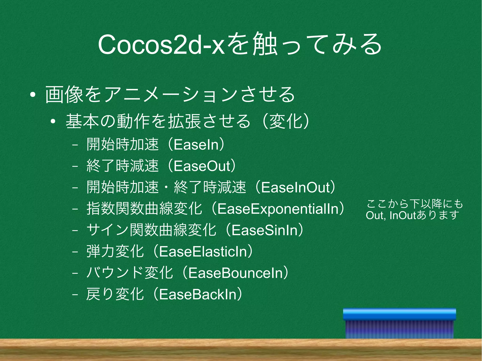 Cocos2d-xを触ってみる
●
画像をアニメーションさせる
●
基本の動作を拡張させる（変化）
– 開始時加速（EaseIn）
– 終了時減速（EaseOut）
– 開始時加速・終了時減速（EaseInOut）
– 指数関数曲線変化（EaseExponentialIn）
– サイン関数曲線変化（EaseSinIn）
– 弾力変化（EaseElasticIn）
– バウンド変化（EaseBounceIn）
– 戻り変化（EaseBackIn）
ここから下以降にも
️Out, InOutあります
 
