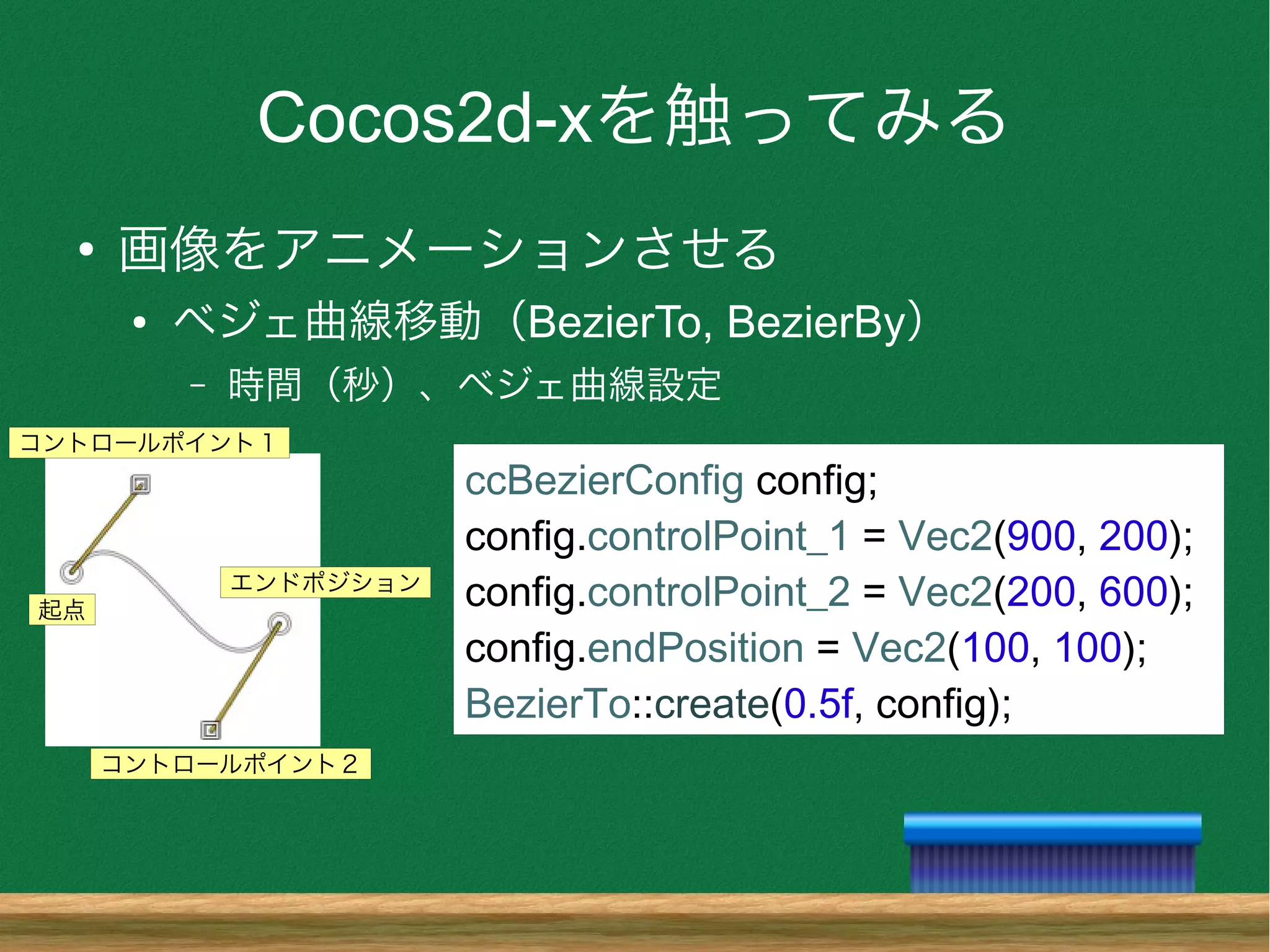 Cocos2d-xを触ってみる
●
画像をアニメーションさせる
● ベジェ曲線移動（BezierTo, BezierBy）
– 時間（秒）、ベジェ曲線設定
ccBezierConfig config;
config.controlPoint_1 = Vec2(900, 200);
config.controlPoint_2 = Vec2(200, 600);
config.endPosition = Vec2(100, 100);
BezierTo::create(0.5f, config);
コントロールポイント１
コントロールポイント２
エンドポジション
起点
 