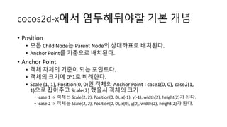 cocos2d-x에서 염두해둬야할 기본 개념 
• Position 
• 모든 Child Node는 Parent Node의 상대좌표로 배치된다. 
• Anchor Point를 기준으로 배치된다. 
• Anchor Point 
• 객체 자체의 기준이 되는 포인트다. 
• 객체의 크기에 0~1로 비례한다. 
• Scale (1, 1), Position(0, 0)인 객체의 Anchor Point : case1(0, 0), case2(1, 
1)으로 잡아주고 Scale(2) 했을시 객체의 크기 
• case 1 -> 객체는 Scale(2, 2), Position(0, 0), x(-1), y(-1), width(2), height(2)가 된다. 
• case 2 -> 객체는 Scale(2, 2), Position(0, 0), x(0), y(0), width(2), height(2)가 된다. 
 