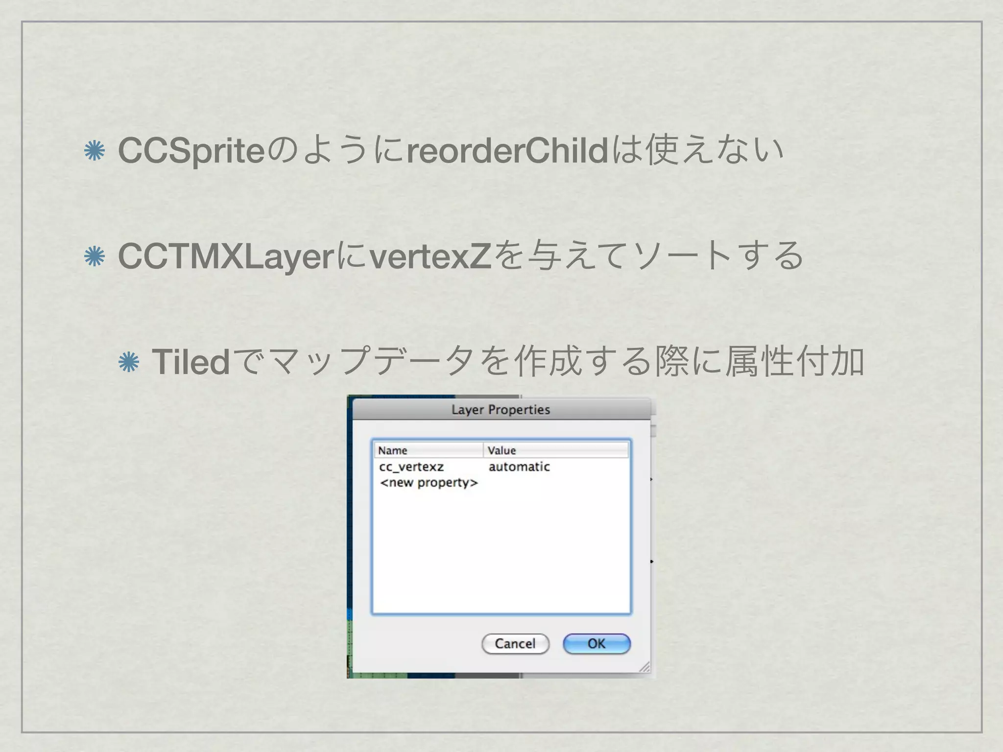 CCSprite       reorderChild


CCTMXLayer   vertexZ


 Tiled
 
