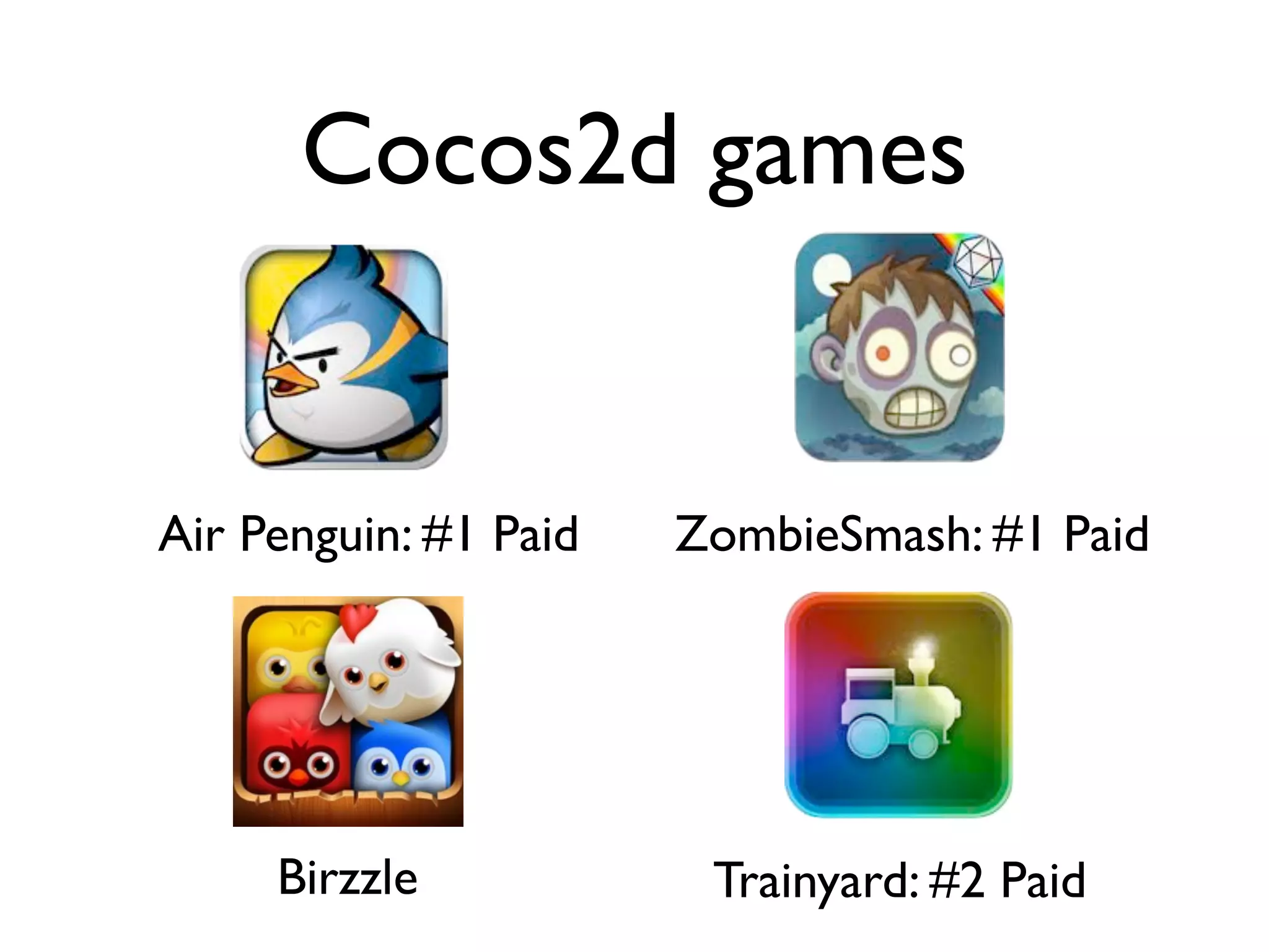 Cocos2d games


Air Penguin: #1 Paid   ZombieSmash: #1 Paid




     Birzzle            Trainyard: #2 Paid
 