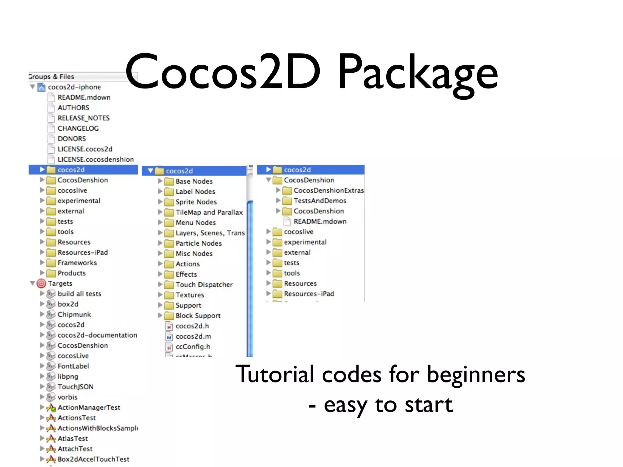 Cocos2D Package




    Tutorial codes for beginners
           - easy to start
 