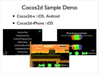 Cocos2d Sample Demo

• Cocos2d-x : iOS, Android	

• Cocos2d-iPhone : iOS

 