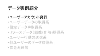 データ実例紹介 
•ユーザーアカウント発行 
•ユーザーデータの取得系 
•設定データや取得系 
•リソースデータ（画像/音等)取得系 
•ユーザー行動の送信系 
•他ユーザーのデータ取得系 
•課金系通信  
