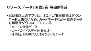 リソースデータ（画像/音等)取得系 
•50ＭＢ以上のアプリは、３Ｇ／ＬＴＥ回線ではダウン ロード出来ないため、カードデータなど一部のデータ を起動後ダウンロードしている 
•カードの画像データ 
•カードのボイスデータ（あれば） 
•その他、50ＭＢに入りきらなかったデータ  