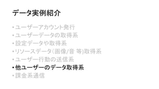 データ実例紹介 
•ユーザーアカウント発行 
•ユーザーデータの取得系 
•設定データや取得系 
•リソースデータ（画像/音等)取得系 
•ユーザー行動の送信系 
•他ユーザーのデータ取得系 
•課金系通信  