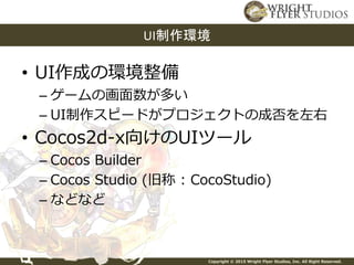 Copyright © 2015 Wright Flyer Studios, Inc. All Right Reserved.
• UI作成の環境整備
– ゲームの画面数が多い
– UI制作スピードがプロジェクトの成否を左右
• Cocos2d-x向けのUIツール
– Cocos Builder
– Cocos Studio (旧称 : CocoStudio)
– などなど
UI制作環境
 