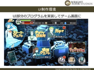 Copyright © 2015 Wright Flyer Studios, Inc. All Right Reserved.
UI制作環境
UI部分のプログラムを実装してゲーム画面に
 
