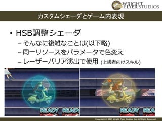 Copyright © 2015 Wright Flyer Studios, Inc. All Right Reserved.
• HSB調整シェーダ
– そんなに複雑なことは(以下略)
– 同一リソースをパラメータで色変え
– レーザーバリア演出で使用 (上級者向けスキル)
カスタムシェーダとゲーム内表現
 