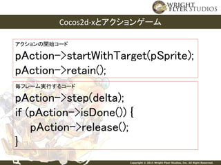 Copyright © 2015 Wright Flyer Studios, Inc. All Right Reserved.
Cocos2d-xとアクションゲーム
アクションの開始コード
pAction->startWithTarget(pSprite);
pAction->retain();
毎フレーム実行するコード
pAction->step(delta);
if (pAction->isDone()) {
pAction->release();
}
 