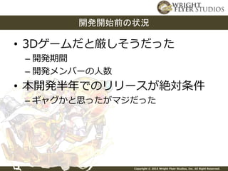 Copyright © 2015 Wright Flyer Studios, Inc. All Right Reserved.
• 3Dゲームだと厳しそうだった
– 開発期間
– 開発メンバーの人数
• 本開発半年でのリリースが絶対条件
– ギャグかと思ったがマジだった
開発開始前の状況
 