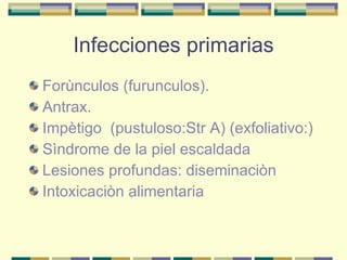 Infecciones primarias Forùnculos (furunculos). Antrax. Impètigo  (pustuloso:Str A) (exfoliativo:) Sìndrome de la piel escaldada Lesiones profundas: diseminaciòn Intoxicaciòn alimentaria 