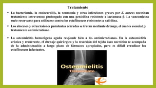 Tratamiento
 La bacteriemia, la endocarditis, la neumonía y otras infecciones graves por S. aureus necesitan
tratamiento intravenoso prolongado con una penicilina resistente a lactamasa β. La vancomicina
suele reservarse para utilizarse contra los estafilococos resistentes a nafcilina.
 Los abscesos y otras lesiones purulentas cerradas se tratan mediante drenaje, el cual es esencial, y
tratamiento antimicrobiano
 La osteomielitis hematógena aguda responde bien a los antimicrobianos. En la osteomielitis
crónica y recurrente, el drenaje quirúrgico y la resección del tejido óseo necrótico se acompaña
de la administración a largo plazo de fármacos apropiados, pero es difícil erradicar los
estafilococos infectantes.
 