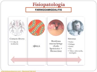 FARINGOAMIGDALITIS




            Contacto directo                                             Síntomas
            • 2-3 días de                                  Membrana      • Fiebre
              incubación                                mucosa faringe   • Disfagia
                                            SβHGA            (Ácido      • Fiebre
                                                        lipoteicoico +   • Tos
                                                         fibronectina)   • Niños: otitis media,
                                                                           meningitis




www.biologyreference.com/.../Bacterial-Cell.html
 