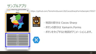 サンプルアプリ
10
DesignResolution
• 地図の部分は Cocos Sharp
• ボタンの部分は Xamarin.Forms
• ボタンをタップすると地図がアニメーションします。
https://github.com/TomohiroSuzuki128/CocosSharpFormsSample170527
 