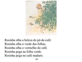 Rosinha olha a beleza do pé-de-café.
Rosinha olha o verde das folhas.
Rosinha olha o vermelho do café.
Rosinha pega na folha verde.
Rosinha pega no café maduro.
- 28 -
 