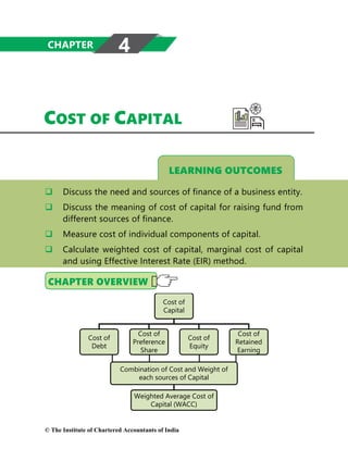 LEARNING OUTCOMES
COST OF CAPITAL
 Discuss the need and sources of finance of a business entity.
 Discuss the meaning of cost of capital for raising fund from
different sources of finance.
 Measure cost of individual components of capital.
 Calculate weighted cost of capital, marginal cost of capital
and using Effective Interest Rate (EIR) method.
Cost of
Capital
Cost of
Debt
Cost of
Preference
Share
Cost of
Equity
Cost of
Retained
Earning
Combination of Cost and Weight of
each sources of Capital
Weighted Average Cost of
Capital (WACC)
CHAPTER 4
© The Institute of Chartered Accountants of India
 
