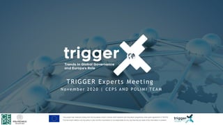 1
TRIGGER Experts Meeting
N o v e m b e r 2 0 2 0 | C E P S A N D P O L I M I T E A M
This project has received funding from the European Union’s Horizon 2020 research and innovation programme under grant agreement nº 822735.
This document reflects only the author’s view and the Commission is not responsible for any use that may be made of the information it contains.
 