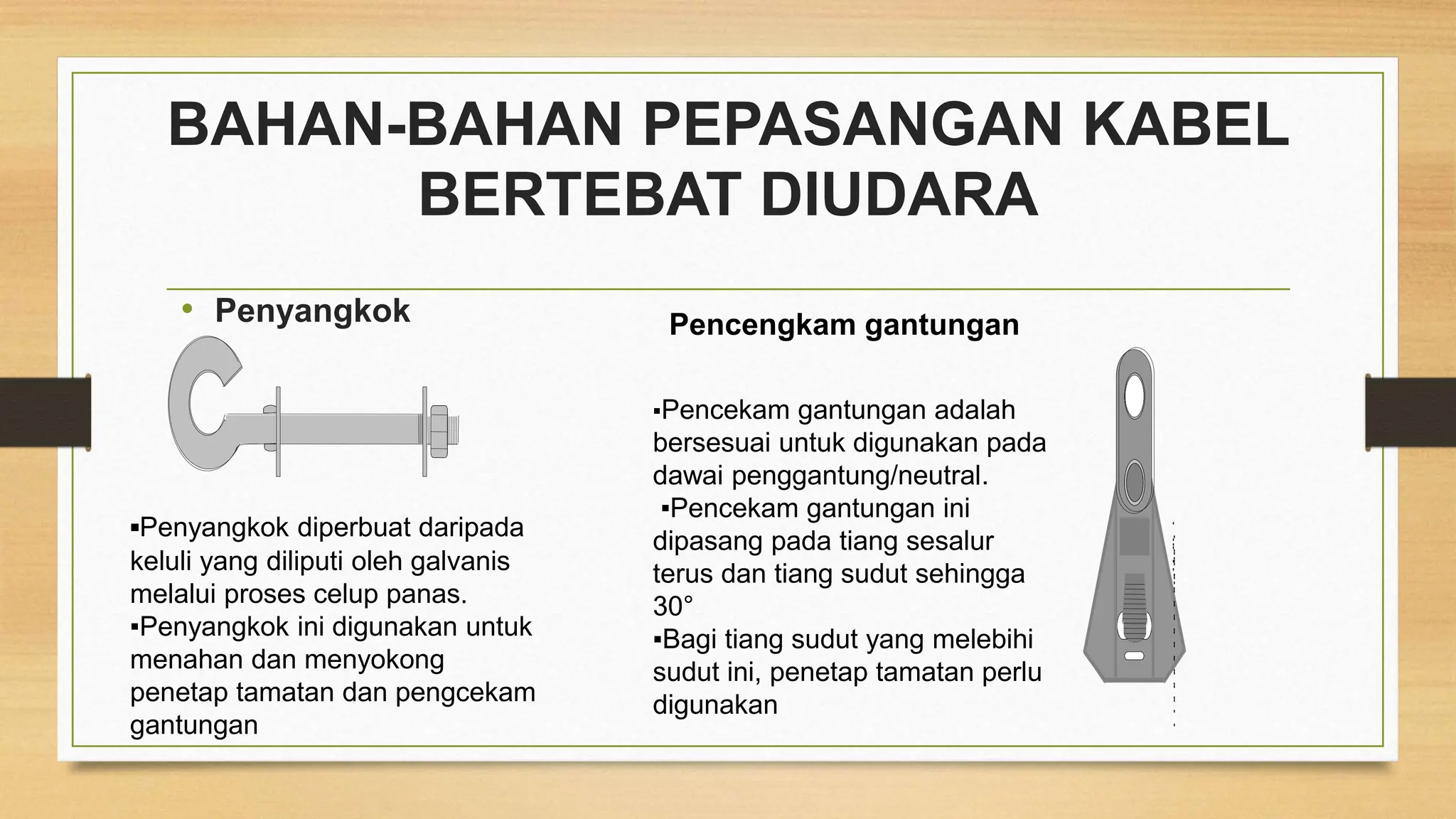 BAHAN-BAHAN PEPASANGAN KABEL
BERTEBAT DIUDARA
• Penyangkok Pencengkam gantungan
'
'
'
'
'
'
'
'
'
'
'
'
'
'
'
'
'
'
'
'
'
'
'
'
'
'
'
'
'
'
'
'
'
'
'
'
▪Penyangkok diperbuat daripada
keluli yang diliputi oleh galvanis
melalui proses celup panas.
▪Penyangkok ini digunakan untuk
menahan dan menyokong
penetap tamatan dan pengcekam
gantungan
▪Pencekam gantungan adalah
bersesuai untuk digunakan pada
dawai penggantung/neutral.
▪Pencekam gantungan ini
dipasang pada tiang sesalur
terus dan tiang sudut sehingga
30°
▪Bagi tiang sudut yang melebihi
sudut ini, penetap tamatan perlu
digunakan
 