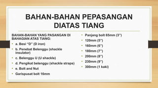 BAHAN-BAHAN PEPASANGAN
DIATAS TIANG
BAHAN-BAHAN YANG PASANGAN DI
BAHAGIAN ATAS TIANG:
• a. Besi “D” (D iron)
• b. Penebat Belenggu (shackle
insulator)
• c. Belenggu U (U shackle)
• d. Pengikat belenggu (shackle straps)
• e. Bolt and Nut
• Garispusat bolt 16mm
• Panjang bolt 65mm (3”)
• 120mm (5”)
• 160mm (6”)
• 180mm (7”)
• 200mm (8”)
• 230mm (9”)
• 300mm (1 kaki)
 
