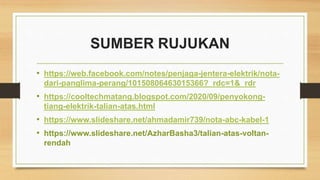 SUMBER RUJUKAN
• https://web.facebook.com/notes/penjaga-jentera-elektrik/nota-
dari-panglima-perang/10150806463015366?_rdc=1&_rdr
• https://cooltechmatang.blogspot.com/2020/09/penyokong-
tiang-elektrik-talian-atas.html
• https://www.slideshare.net/ahmadamir739/nota-abc-kabel-1
• https://www.slideshare.net/AzharBasha3/talian-atas-voltan-
rendah
 