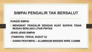 SIMPAI PENGALIR TAK BERSALUT
FUNGSI SIMPAI
• MENGIKAT PENGALIR DENGAN KUAT SUPAYA TIDAK
MUDAH BERLAKU LITAR PINTAS
JENIS-JENIS SIMPAI
(TAMATAN, TERUS, SUDUT U)
• DAWAI PENYIMPAI – ALUMINIUM BINDING WIRE 3.65MM
 