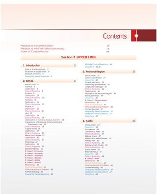 Preface to the Ninth Edition vii
Preface to the First Edition (excerpts) ix
Index of Competencies xix
Section 1 UPPER LIMB
Multiple Choice Questions 34
Viva Voce 35, 36
3. Pectoral Region 37
Introduction 37
Surface Landmarks 37
Dissection 38
Superficial Fascia 38
Mammary gland/Breast 39
Lymphatic Drainage 42
Clinical Anatomy 44
Deep Fascia 46
Muscles of the Pectoral Region 46
Serratus Anterior 49
Dissection 50
X Video 1.3 Pectoral Region
Mnemonics 50
Facts to Remember 50
Clinicoanatomical Problem 50
Further Reading 51
Frequently Asked Questions 51
Multiple Choice Questions 51
Viva Voce 52
4. Axilla 53
Introduction 53
Dissection 53
Boundaries 54
Contents of Axilla 55
Clinical Anatomy 57
Axillary Artery 57
Relations of Axillary Artery 57
Axillary Vein 60
Clinical Anatomy 60
Axillary Lymph Nodes 60
Clinical Anatomy 61
Spinal Nerve 61
Brachial Plexus 61
Dissection 64
Clinical Anatomy 64
X Video 1.4 Axilla
Mnemonics 66
Facts to Remember 66
Clinicoanatomical Problem 66
Further Reading 66
Frequently Asked Questions 67
Multiple Choice Questions 67
Viva Voce 68
1. Introduction 3
Parts of the Upper Limb 3
Evolution of Upper Limbs 4
Study of Anatomy 5
Frequently Asked Questions 5
2. Bones 6
Introduction 6
Clavicle 6
Ossification 8
Clinical Anatomy 8
Scapula 8
Ossification 12
Clinical Anatomy 13
Humerus 13
Ossification 16
Clinical Anatomy 17
Radius 18
Ossification 21
Clinical Anatomy 21
Ulna 22
Ossification 24
Clinical Anatomy 24
Ossification of Humerus, Radius and Ulna 25
Importance of Capsular Attachments and
Epiphyseal Lines 25
Clinical Anatomy 25
Carpal Bones 26
Ossification 27
Clinical Anatomy 27
Metacarpal Bones 27
Ossification 31
Clinical Anatomy 31
Phalanges 32
Ossification 33
Clinical Anatomy 33
Sesamoid Bones 33
X Video 1.2.1 Clavicle
X Video 1.2.2 Scapula
X Video 1.2.3 Humerus
X Video 1.2.4 Radius
X Video 1.2.5 Ulna
X Video 1.2.6 Hand
Mnemonics 33
Facts to Remember 33
Clinicoanatomical Problem 34
Further Reading 34
Frequently Asked Questions 34
Contents
 