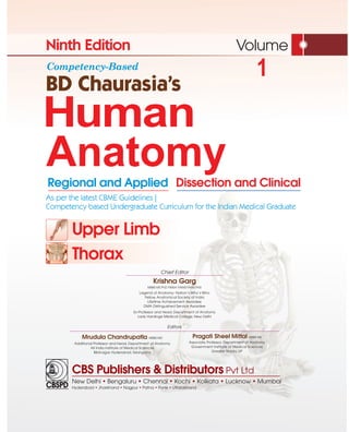 CBS Publishers & Distributors Pvt Ltd
New Delhi • Bengaluru • Chennai • Kochi • Kolkata • Lucknow • Mumbai
Hyderabad • Jharkhand • Nagpur • Patna • Pune • Uttarakhand
Regional and Applied Dissection and Clinical
Volume
Human
Anatomy
BD Chaurasia’s
Ninth Edition
As per the latest CBME Guidelines |
Competency based Undergraduate Curriculum for the Indian Medical Graduate
1
Competency-Based
Upper Limb
Thorax
Chief Editor
Krishna Garg
MBBS MS PhD FIMSA FIAMS FAMS FASI
Legend of Anatomy; Nation’s Who’s Who
Fellow, Anatomical Society of India
Lifetime Achievement Awardee
DMA Distinguished Service Awardee
Ex-Professor and Head, Department of Anatomy
Lady Hardinge Medical College, New Delhi
Editors
Pragati Sheel Mittal MBBS MS
Associate Professor, Department of Anatomy
Government Institute of Medical Sciences
Greater Noida, UP
Mrudula Chandrupatla MBBS MD
Additional Professor and Head, Department of Anatomy
All India Institute of Medical Sciences
Bibinagar, Hyderabad, Telangana
 