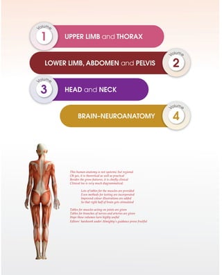 This human anatomy is not systemic but regional
Oh yes, it is theoretical as well as practical
Besides the gross features, it is chiefly clinical
Clinical too is very much diagrammatical.
Lots of tables for the muscles are provided
Even methods for testing are incorporated
Improved colour illustrations are added
So that right half of brain gets stimulated
Tables for muscles acting on joints are given
Tables for branches of nerves and arteries are given
Hope these volumes turn highly useful
Editors’ hardwork under Almighty’s guidance prove fruitful
 