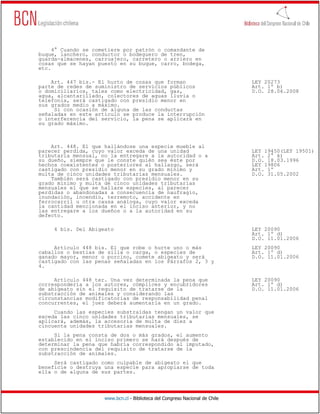 4° Cuando se cometiere por patrón o comandante de
buque, lanchero, conductor o bodeguero de tren,
guarda-almacenes, carruajero, carretero o arriero en
cosas que se hayan puesto en su buque, carro, bodega,
etc.

    Art. 447 bis.- El hurto de cosas que forman                               LEY 20273
parte de redes de suministro de servicios públicos                            Art. 1º b)
o domiciliarios, tales como electricidad, gas,                                D.O. 28.06.2008
agua, alcantarillado, colectores de aguas lluvia o
telefonía, será castigado con presidio menor en
sus grados medio a máximo.
     Si con ocasión de alguna de las conductas
señaladas en este artículo se produce la interrupción
o interferencia del servicio, la pena se aplicará en
su grado máximo.



    Art. 448. El que hallándose una especie mueble al
parecer perdida, cuyo valor exceda de una unidad                              LEY 19450(LEY 19501)
tributaria mensual, no la entregare a la autoridad o a                        Art. 2° k)
su dueño, siempre que le conste quién sea éste por                            D.O. 18.03.1996
hechos coexistentes o posteriores al hallazgo, será                           LEY 19806
castigado con presidio menor en su grado mínimo y                             Art. 1º
multa de cinco unidades tributarias mensuales.                                D.O. 31.05.2002
    También será castigado con presidio menor en su
grado mínimo y multa de cinco unidades tributarias
mensuales el que se hallare especies, al parecer
perdidas o abandonadas a consecuencia de naufragio,
inundación, incendio, terremoto, accidente en
ferrocarril u otra causa análoga, cuyo valor exceda
la cantidad mencionada en el inciso anterior, y no
las entregare a los dueños o a la autoridad en su
defecto.

     4 bis. Del Abigeato                                                      LEY 20090
                                                                              Art. 1º d)
                                                                              D.O. 11.01.2006
     Artículo 448 bis. El que robe o hurte uno o más                          LEY 20090
caballos o bestias de silla o carga, o especies de                            Art. 1º d)
ganado mayor, menor o porcino, comete abigeato y será                         D.O. 11.01.2006
castigado con las penas señaladas en los Párrafos 2, 3 y
4.

     Artículo 448 ter. Una vez determinada la pena que                        LEY 20090
correspondería a los autores, cómplices y encubridores                        Art. 1º d)
de abigeato sin el requisito de tratarse de la                                D.O. 11.01.2006
substracción de animales y considerando las
circunstancias modificatorias de responsabilidad penal
concurrentes, el juez deberá aumentarla en un grado.
     Cuando las especies substraídas tengan un valor que
exceda las cinco unidades tributarias mensuales, se
aplicará, además, la accesoria de multa de diez a
cincuenta unidades tributarias mensuales.
     Si la pena consta de dos o más grados, el aumento
establecido en el inciso primero se hará después de
determinar la pena que habría correspondido al imputado,
con prescindencia del requisito de tratarse de la
substracción de animales.
     Será castigado como culpable de abigeato el que
beneficie o destruya una especie para apropiarse de toda
ella o de alguna de sus partes.




                     www.bcn.cl - Biblioteca del Congreso Nacional de Chile
 