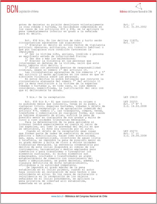 antes de decretar su prisión devolviere voluntariamente                       Art. 1º
la cosa robada o hurtada, no hallándose comprendido en                        D.O. 31.05.2002
los casos de los artículos 433 y 434, se le aplicará la
pena inmediatamente inferior en grado a la señalada
para el delito.

    Art. 456 bis. En los delitos de robo y hurto serán                        Ley 11625,
circunstancias agravantes las siguientes:                                     Art. 53
    1° Ejecutar el delito en sitios faltos de vigilancia
policial, obscuros, solitarios, sin tránsito habitual o
que por cualquiera otra condición favorezcan la
impunidad;
    2° Ser la víctima niño, anciano, inválido o persona
en manifiesto estado de inferioridad física;
    3° Ser dos o más los malhechores;
    4° Ejercer la violencia en las personas que
intervengan en defensa de la víctima, salvo que este
hecho importe otro delito, y
    5° Actuar con personas exentas de responsabilidad
criminal, según el número 1° del artículo 10.
    Las circunstancias agravantes de los números 1° y 5°
del artículo 12 serán aplicables en los casos en que se
ejerciere violencia sobre las personas.
    En estos delitos no podrá estimarse que concurre la
circunstancia atenuante del número 7° del artículo 11
por la mera restitución a la víctima de la especies
robadas o hurtadas y, en todo caso, el juez deberá
considerar, especificada, la justificación del celo con
que el delincuente ha obrado.

     5 bis.- De la receptación                                                LEY 19413
    Art. 456 bis A.- El que conociendo su origen o                            LEY 20253
no pudiendo menos que conocerlo, tenga en su poder, a                         Art. 1º Nº 5
cualquier título, especies hurtadas, robadas u objeto de                      D.O. 14.03.2008
abigeato, de receptación o de apropiación indebida del
artículo 470, número 1°, las transporte, compre, venda,
transforme o comercialice en cualquier forma, aun cuando
ya hubiese dispuesto de ellas, sufrirá la pena de
presidio menor en cualquiera de sus grados y multa de
cinco a cien unidades tributarias mensuales.
    Para la determinación de la pena aplicable el
tribunal tendrá especialmente en cuenta el valor de
las especies, así como la gravedad del delito en que
se obtuvieron, si éste era conocido por el autor.
     Cuando el objeto de la receptación sean cosas                            LEY 20273
que forman parte de redes de suministro de servicios                          Art. 1º c)
públicos o domiciliarios, tales como electricidad,                            D.O. 28.06.2008
gas, agua, alcantarillado, colectores de aguas lluvia
o telefonía, se impondrá la pena de presidio menor en
su grado máximo y multa de cinco a veinte unidades
tributarias mensuales. La sentencia condenatoria por
delitos de este inciso dispondrá el comiso de los
instrumentos, herramientas o medios empleados para
cometerlos o para transformar o transportar los
elementos sustraídos. Si dichos elementos son
almacenados, ocultados o transformados en algún
establecimiento de comercio con conocimiento del
dueño o administrador, se podrá decretar, además, la
clausura definitiva de dicho establecimiento,
oficiándose a la autoridad competente.
     Se impondrá el grado máximo de la pena
establecida en el inciso primero, cuando el autor
haya incurrido en reiteración de esos hechos o sea
reincidente en ellos. En los casos de reiteración o
reincidencia en la receptación de los objetos
señalados en el inciso precedente, se aplicará la
pena privativa de libertad allí establecida,
aumentada en un grado.




                     www.bcn.cl - Biblioteca del Congreso Nacional de Chile
 