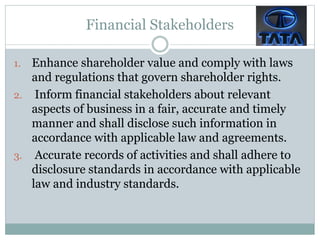Financial Stakeholders
1. Enhance shareholder value and comply with laws
and regulations that govern shareholder rights.
2. Inform financial stakeholders about relevant
aspects of business in a fair, accurate and timely
manner and shall disclose such information in
accordance with applicable law and agreements.
3. Accurate records of activities and shall adhere to
disclosure standards in accordance with applicable
law and industry standards.
 