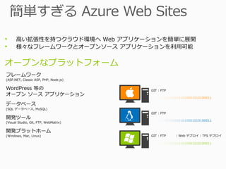 •   高い拡張性を持つクラウド環境へ Web アプリケーションを簡単に展開
•   様々なフレームワークとオープンソース アプリケーションを利用可能
 