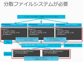 入力データを分割して複数のプログラムに配る



2012-04-24 01:02:03 W3SVC1 192.168.0.1     2012-04-24 01:03:05 W3SVC1 192.168.0.1      2012-04-24 01:04:06 W3SVC1 192.168.0.1
GET/…                                      GET/…                                       GET/…


while(<>) {                                 while(<>) {                                while(<>) {
  next unless /^¥d{4}/;                       next unless /^¥d{4}/;                      next unless /^¥d{4}/;
  my $time = substr($_,0,16);                 my $time = substr($_,0,16);                my $time = substr($_,0,16);
  $rpm{$time}++;                              $rpm{$time}++;                             $rpm{$time}++;
}                                           }                                          }
                          それぞれのプログラムは与えられた                                  他の仲間が何をやっているか
                             データを淡々と処理                                        気にする必要はない
        Map
                                   my @sorted_keys = sort keys %rpm;                                   結果の断片をソートする



                     foreach my $k (@sorted_keys) {                 foreach my $k (@sorted_keys) {
                       print "$k $rpm{$k}¥n";                         print "$k $rpm{$k}¥n";
     Reduce          }                                              }

                                         キーでソート済みであることが保証されているので、淡々
                                                と結果出力をすればよい
 
