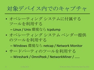 対象デバイス内でのキャプチャ
• オペレーティング システムに付属する
ツールを利用する
– Linux / Unix 環境なら tcpdump
• オペレーティング システム ベンダー提供
のツールを利用する
– Windows 環境なら netcap / Network Monitor
• サードパーティのツールを利用する
– Wireshark / OmniPeek / NetworkMiner / ……
11 May 2013 © Murachi Akira / Community Open Day 201313
 