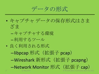 データの形式
• キャプチャ データの保存形式はさま
ざま
–キャプチャする環境
–利用するツール
• 良く利用される形式
–libpcap 形式（拡張子 pcap）
–Wireshark 新形式（拡張子 pcapng）
–Network Monitor 形式（拡張子 cap）11 May 2013 © Murachi Akira / Community Open Day 201317
 
