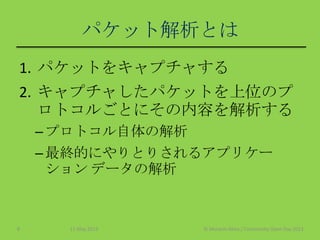 パケット解析とは
1. パケットをキャプチャする
2. キャプチャしたパケットを上位のプ
ロトコルごとにその内容を解析する
–プロトコル自体の解析
–最終的にやりとりされるアプリケー
ション データの解析
11 May 2013 © Murachi Akira / Community Open Day 20138
 