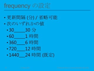 • 更新間隔 (分) / 省略可能
• 次のいずれかの値
• 30 30 分
• 60 1 時間
• 360 6 時間
• 720 12 時間
• 1440 24 時間 (既定)
11 May 2013 © Murachi Akira / Community Open Day 201315
 