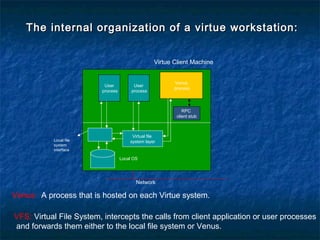 User
process
Venus
process
User
process
RPC
client stub
Virtual file
system layer
Network
Virtue Client Machine
The internal organization of a virtue workstation:The internal organization of a virtue workstation:
Local OS
Local file
system
interface
Venus: A process that is hosted on each Virtue system.
VFS: Virtual File System, intercepts the calls from client application or user processes
and forwards them either to the local file system or Venus.
 