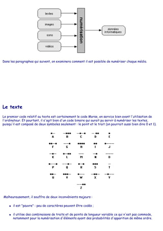 Dans les paragraphes qui suivent, on examinera comment il est possible de numériser chaque média.
Le texte
Le premier code relatif au texte est certainement le code Morse, en service bien avant l'utilisation de
l'ordinateur. Et pourtant, il s'agit bien d'un code binaire qui aurait pu servir à numériser les textes,
puisqu'il est composé de deux symboles seulement : le point et le trait (on pourrait aussi bien dire 0 et 1).
Malheureusement, il souffre de deux inconvénients majeurs :
● il est "pauvre" : peu de caractères peuvent être codés ;
● il utilise des combinaisons de traits et de points de longueur variable ce qui n'est pas commode,
notamment pour la numérisation d'éléments ayant des probabilités d'apparition de même ordre.
 